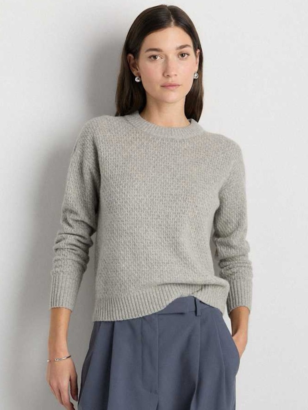Quince Baby Alpaca-Wool Diamond Stitch Crewneck Sweater, Gray, Size Medium
